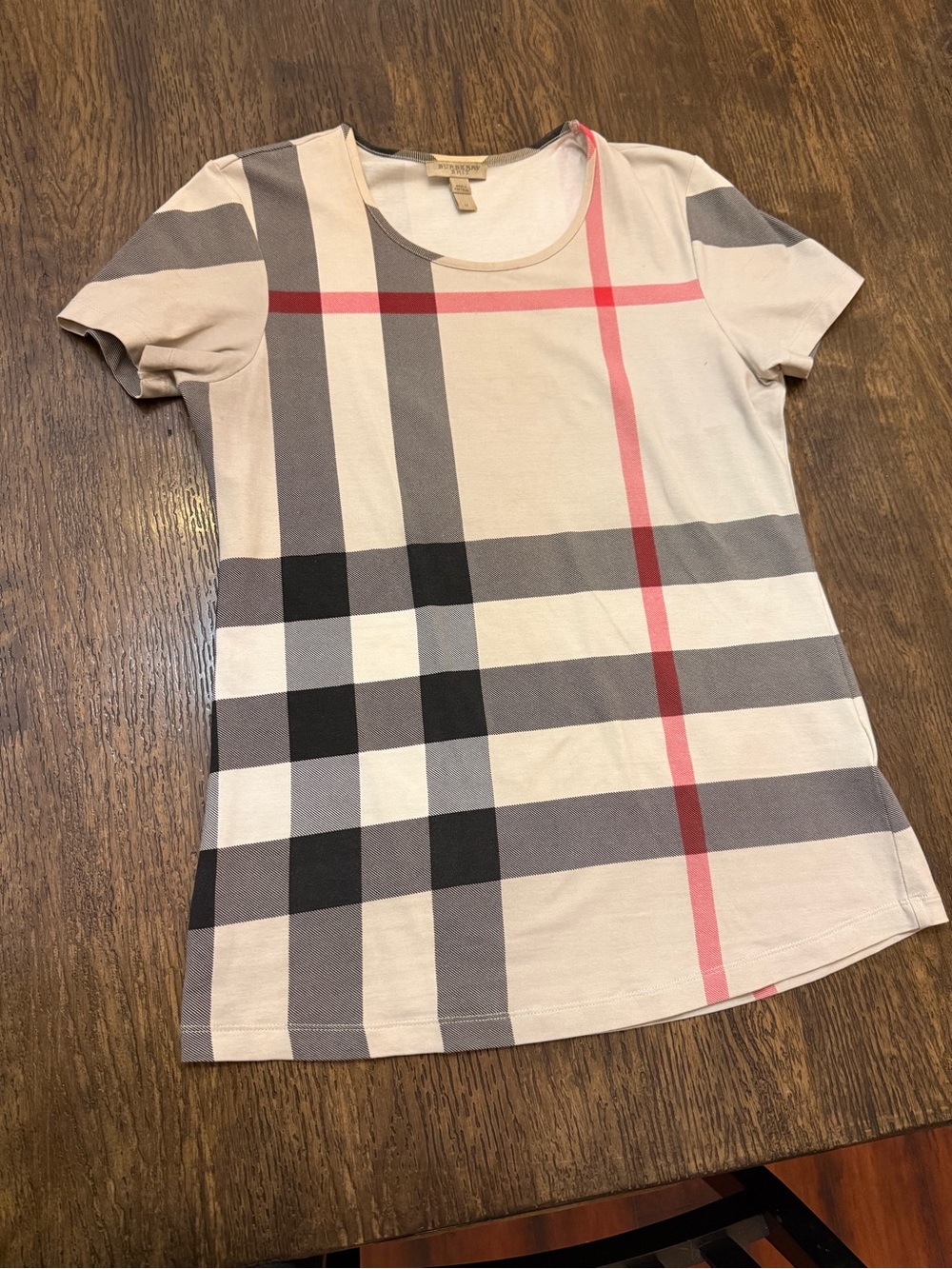 Burberry Beige Short Sleeve Plaid Tee with Gray, Black & Pink Stripes